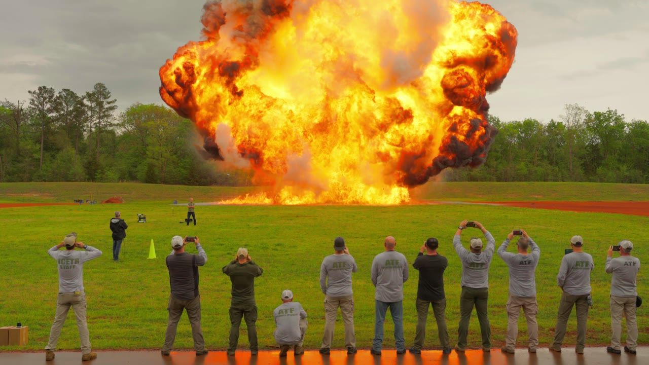 A line of people watching a fireball explode in a field